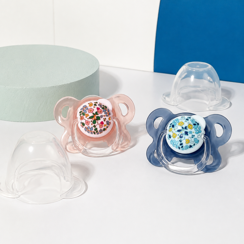 Baby Pacifier Set – Silicone Thumb Nipple, Floral Printed Soothers with Covers for Ages 3 Months Plus