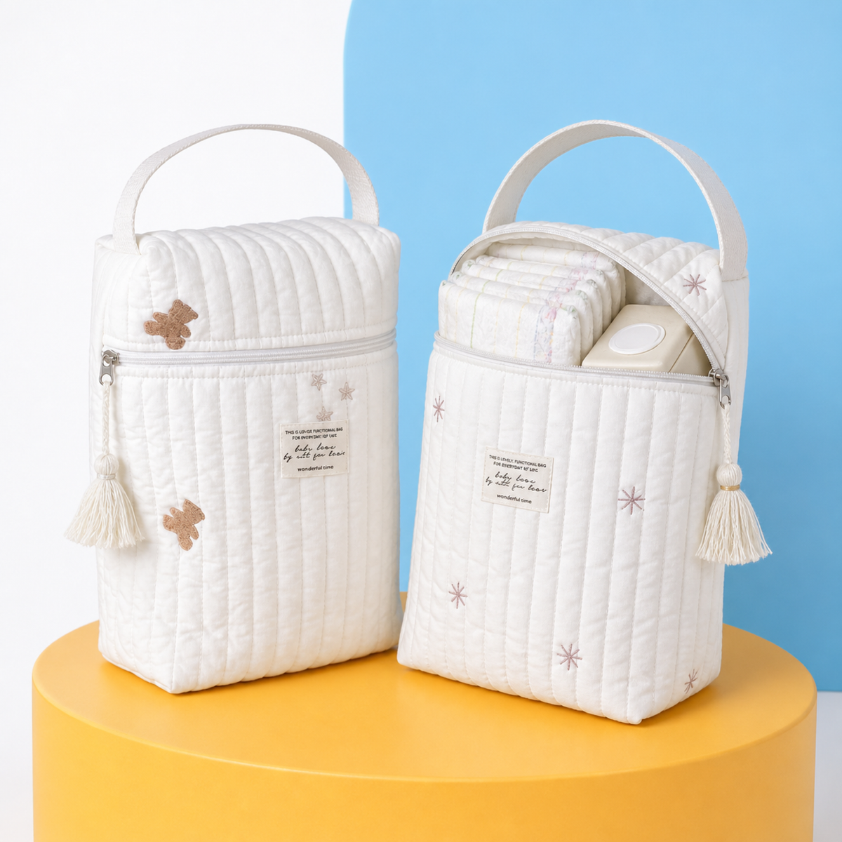 Portable Nappy Bag – Quilted Polyester Diaper Organizer with Zipper and Carry Handle for Strollers