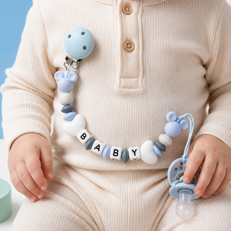 Personalized Pacifier Clip – Custom Baby Name, Blue Heart Silicone Beads, Baby Boy Shower Gift