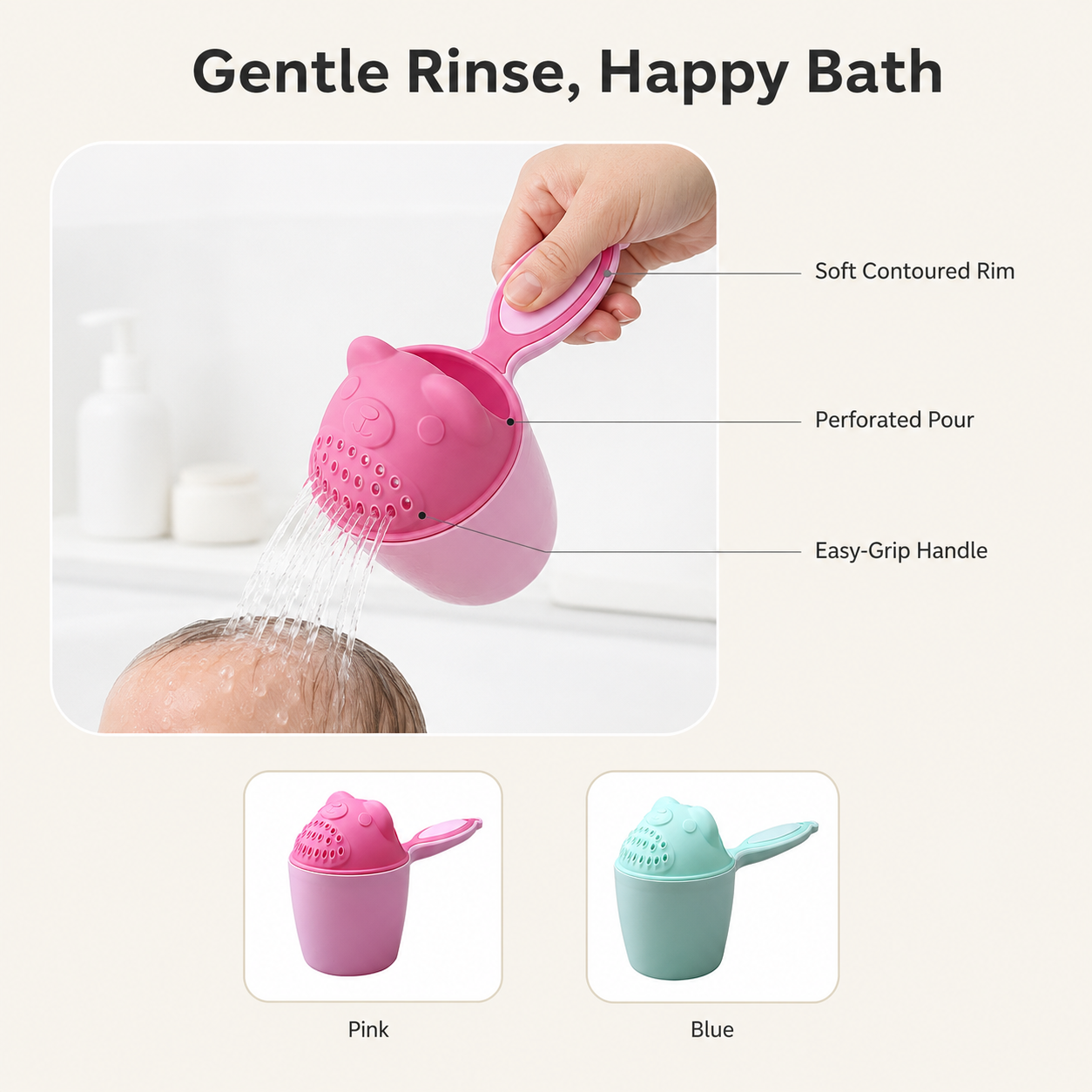 Baby Bath Rinse Cup – Soft Rim Shampoo Rinser, Toddler Hair Wash Tool, Calm Bath