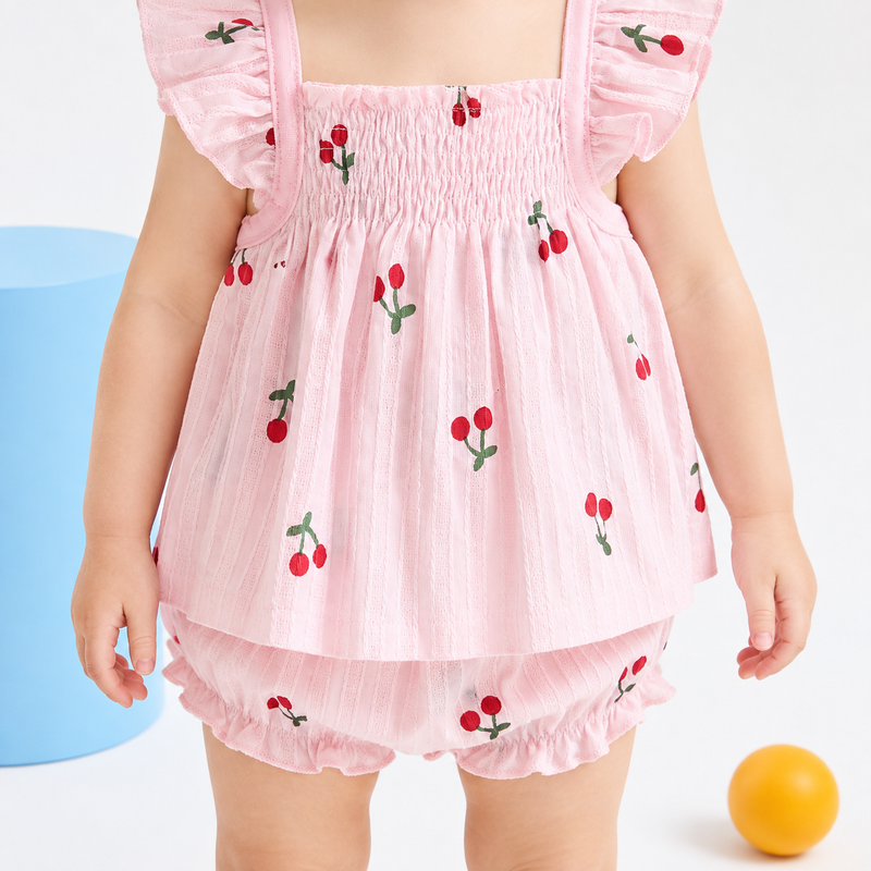 Baby Girl Summer Outfit – Cherry Print Smocked Babydoll Top and Ruffle Shorts Two Piece Set