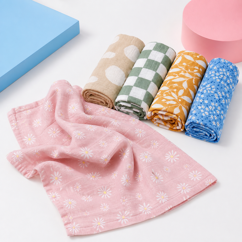 Muslin Burp Cloth Set – Five Soft Cotton 60 x 60 cm Cloths for Feeding, Bib Use and Ages 1–3