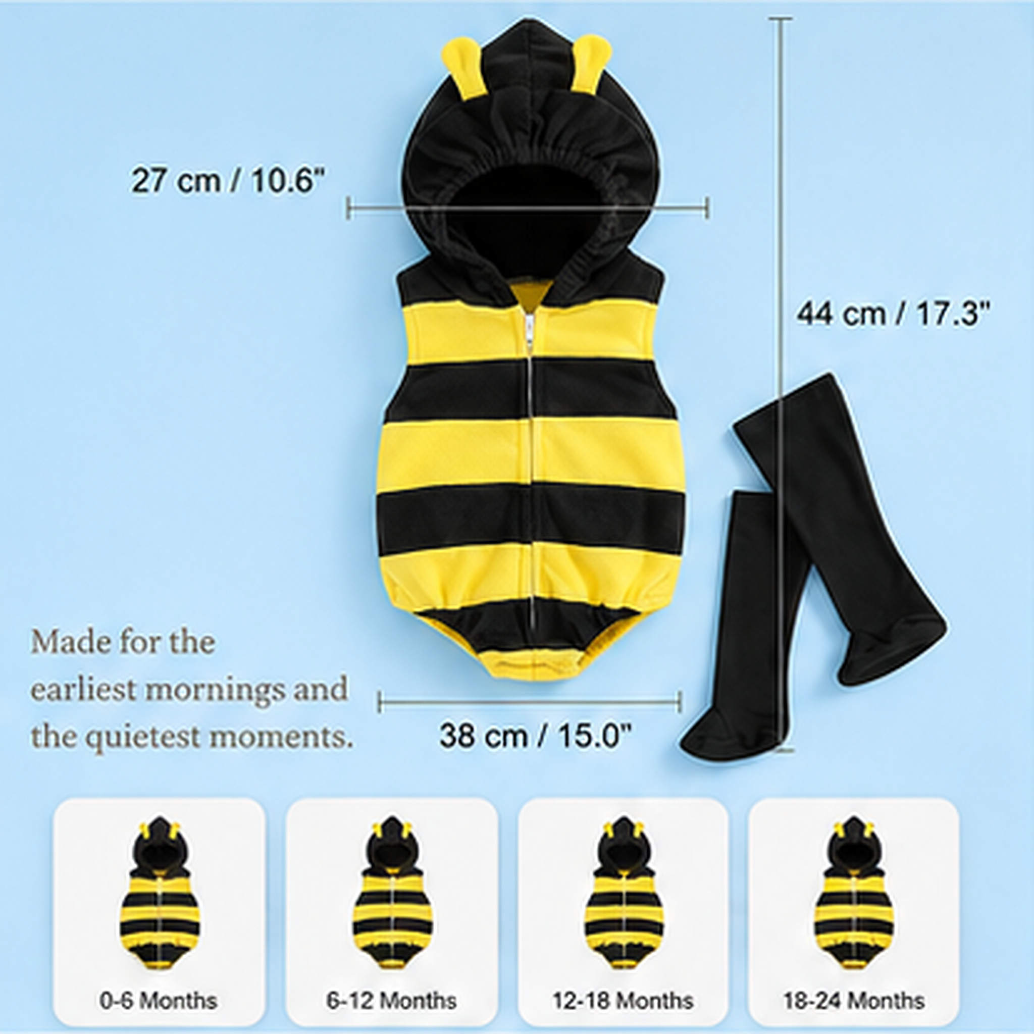 Baby Bee Costume – Hooded Striped Romper with Long Socks, 0-24 Months