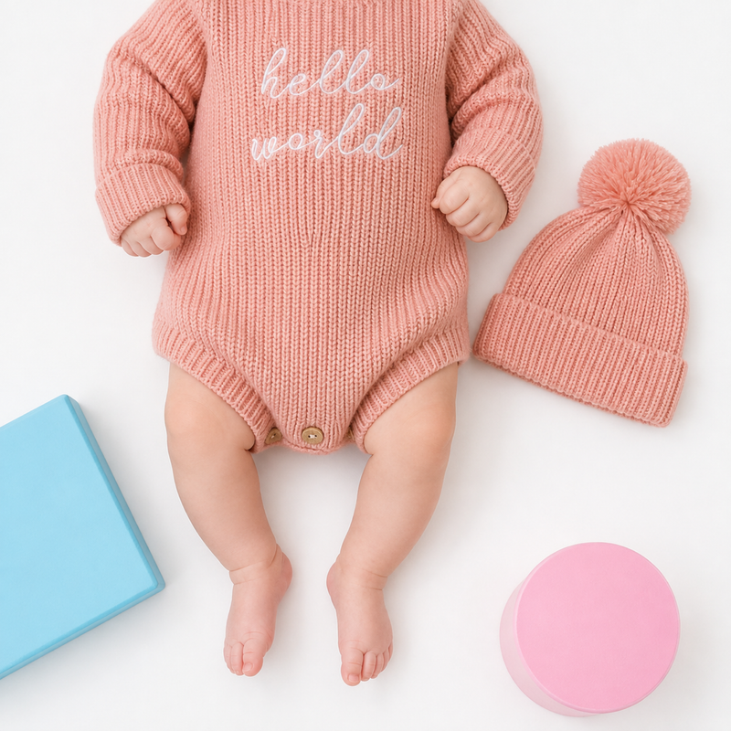 Newborn Knit Romper Set – Hello World Sweater Outfit with Pom Hat for Baby Photo Shoots and Gifts