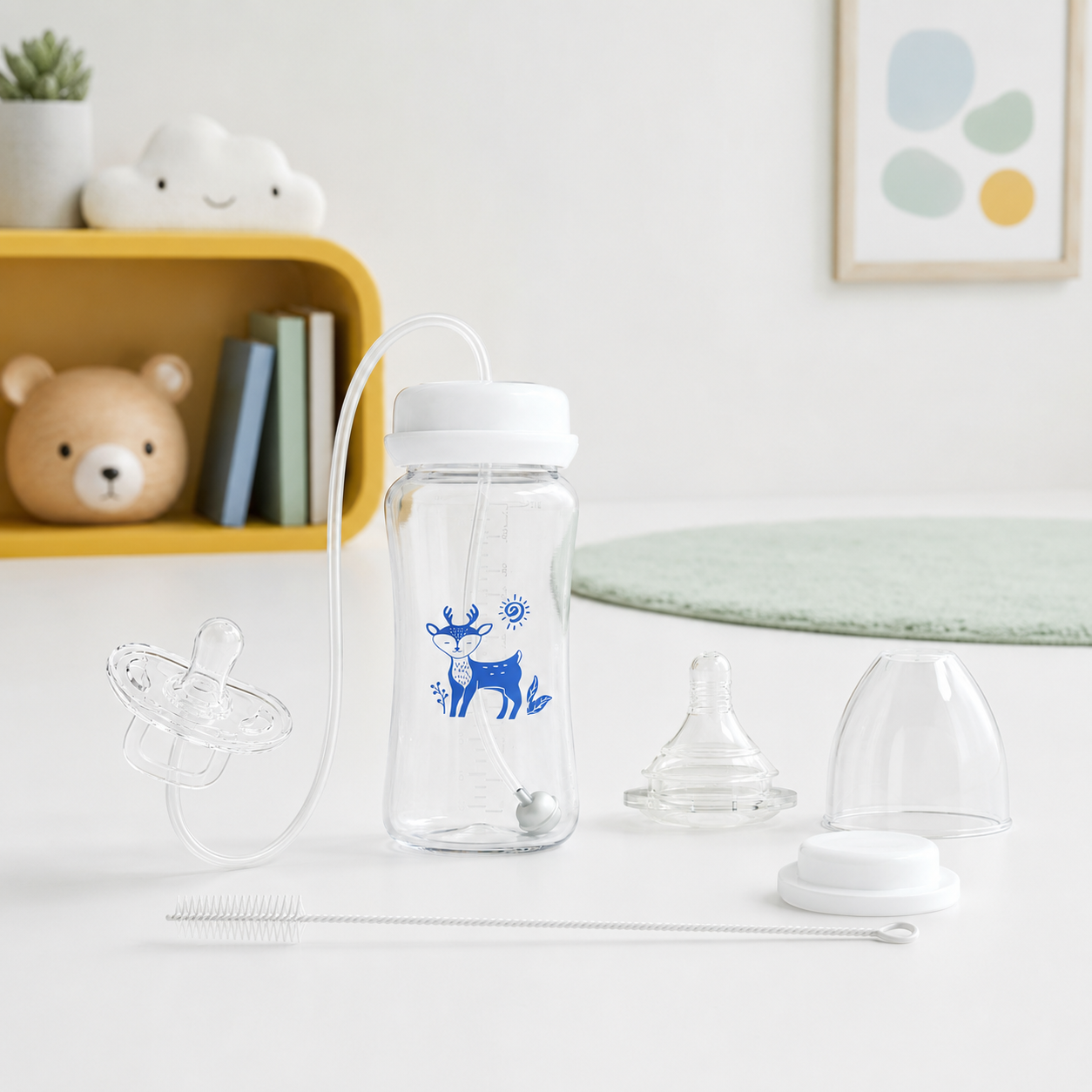 Hands-Free Baby Bottle – 300ml Wide-Neck Feeding Set with Pacifier & Gravity Ball