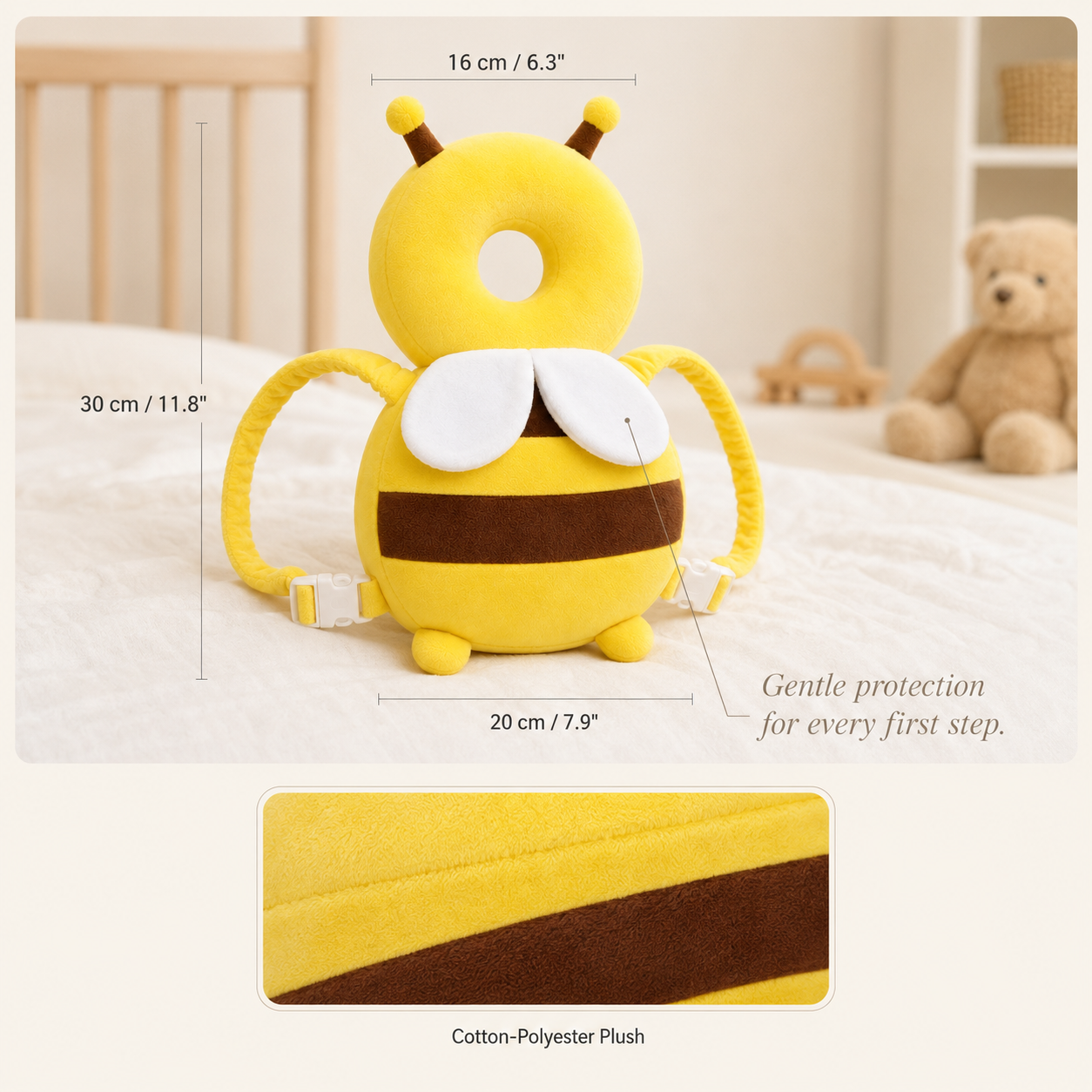 Baby Head Protector Pillow – Bee Backpack Cushion for Walking Falls, Soft Plush Safety Pad