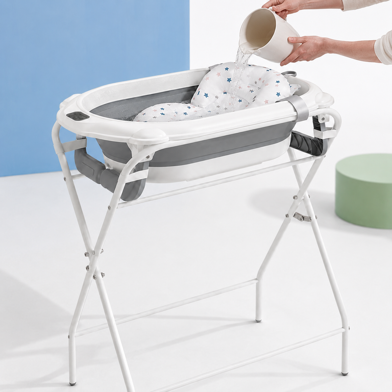 3 in 1 Baby Bath – Foldable Tub with Metal Stand, Thermometer and Bath Pillow for Newborns and Babies