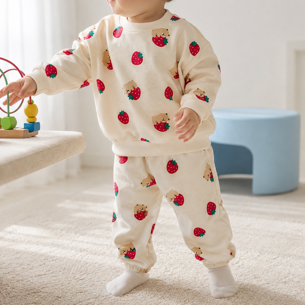 Baby Strawberry Tracksuit – Cotton Pullover & Joggers Set, Loose Fit Toddler Outfit