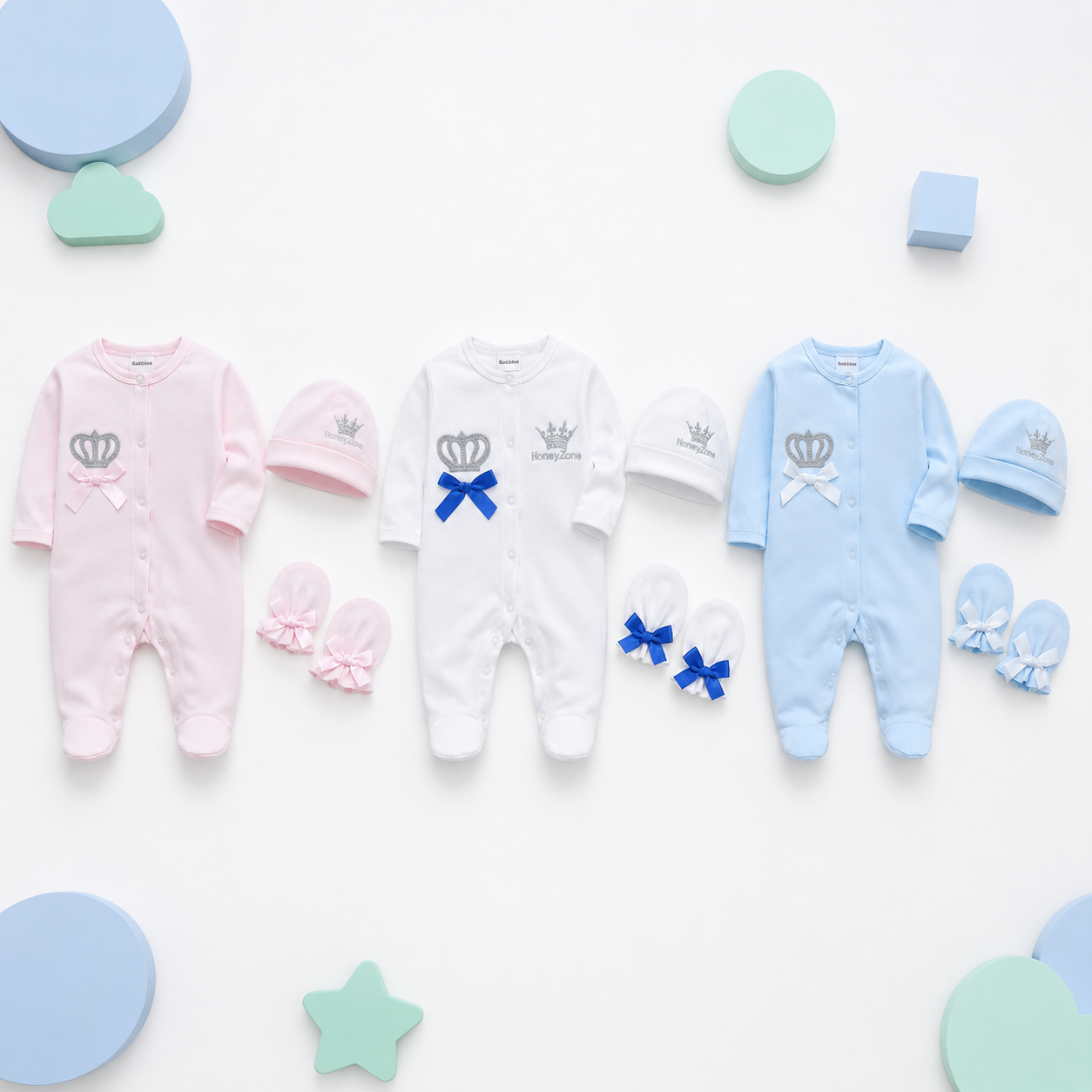 Newborn Cotton Romper Set – Crown Footed Onesie with Cap & Mittens, 0-9M