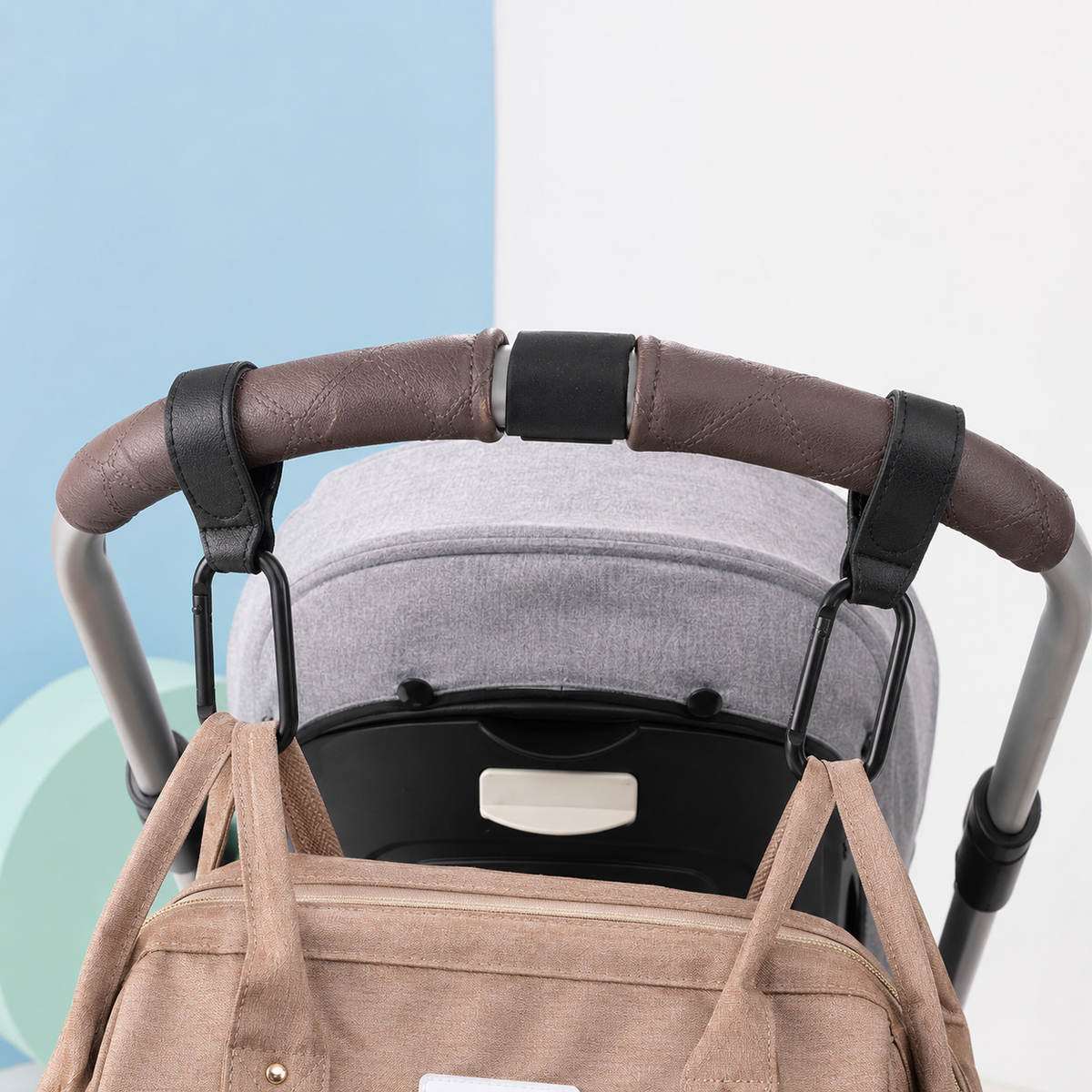 Baby Stroller Hook – Adjustable PU Leather Strap, Carabiner Diaper Bag Hanger for Pram Travel