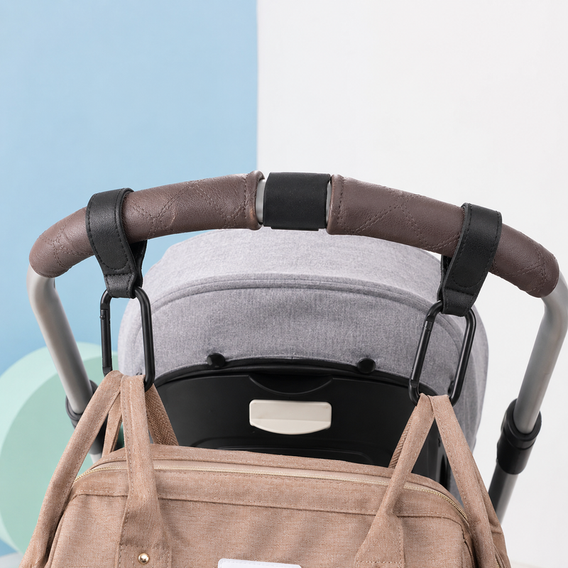 Baby Stroller Hook – Adjustable PU Leather Strap, Carabiner Diaper Bag Hanger for Pram Travel