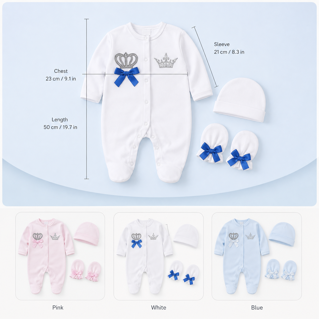 Newborn Cotton Romper Set – Crown Footed Onesie with Cap & Mittens, 0-9M