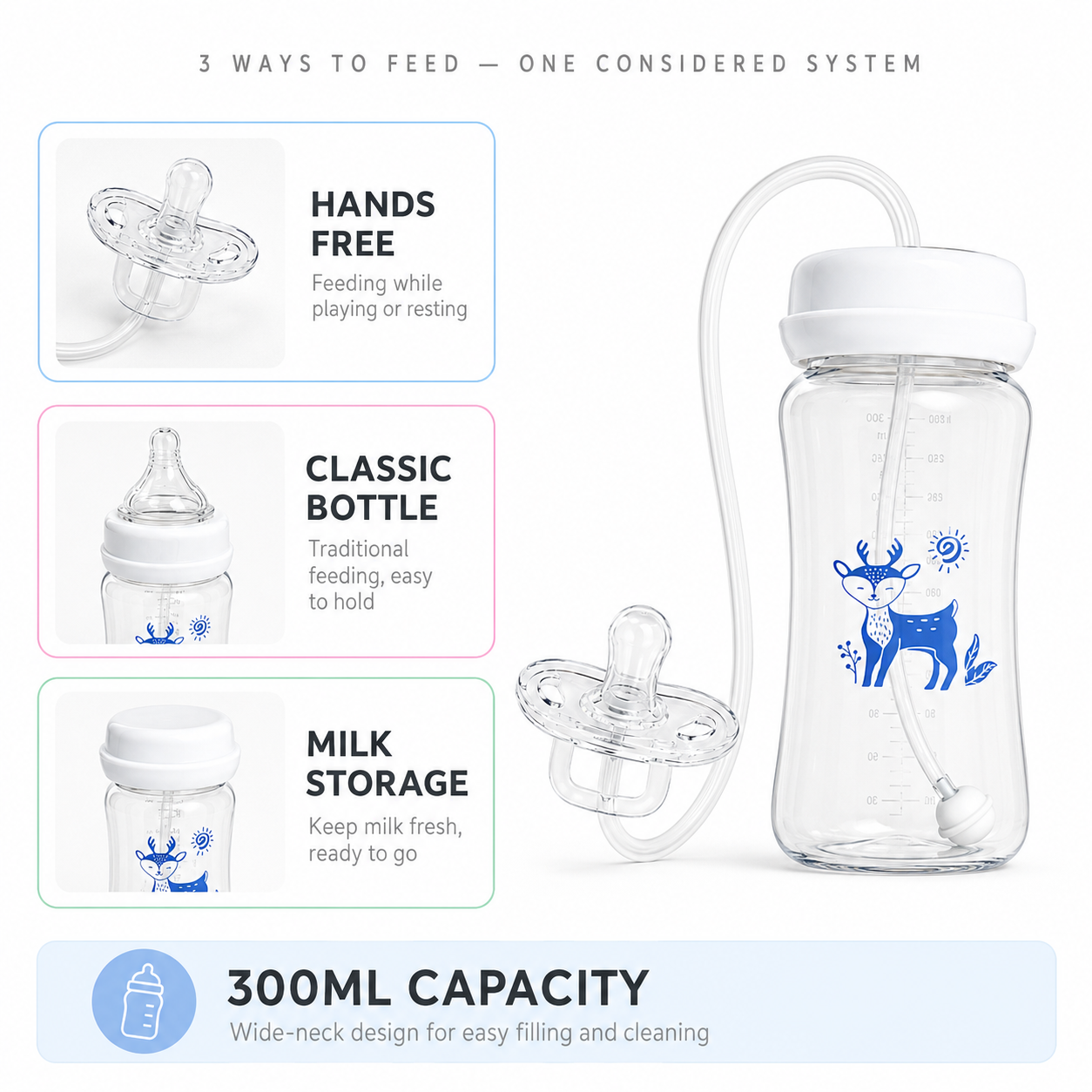 Hands-Free Baby Bottle – 300ml Wide-Neck Feeding Set with Pacifier & Gravity Ball