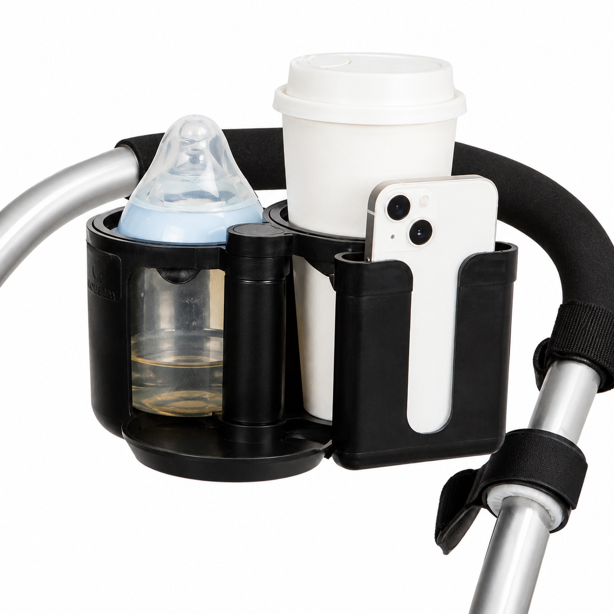 Stroller Cup Holder – Universal Double Drink & Phone Holder for Pram, ABS Black