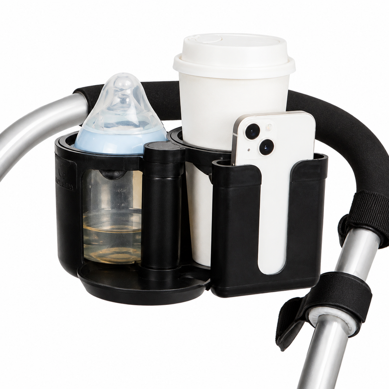 Stroller Cup Holder – Universal Double Drink & Phone Holder for Pram, ABS Black