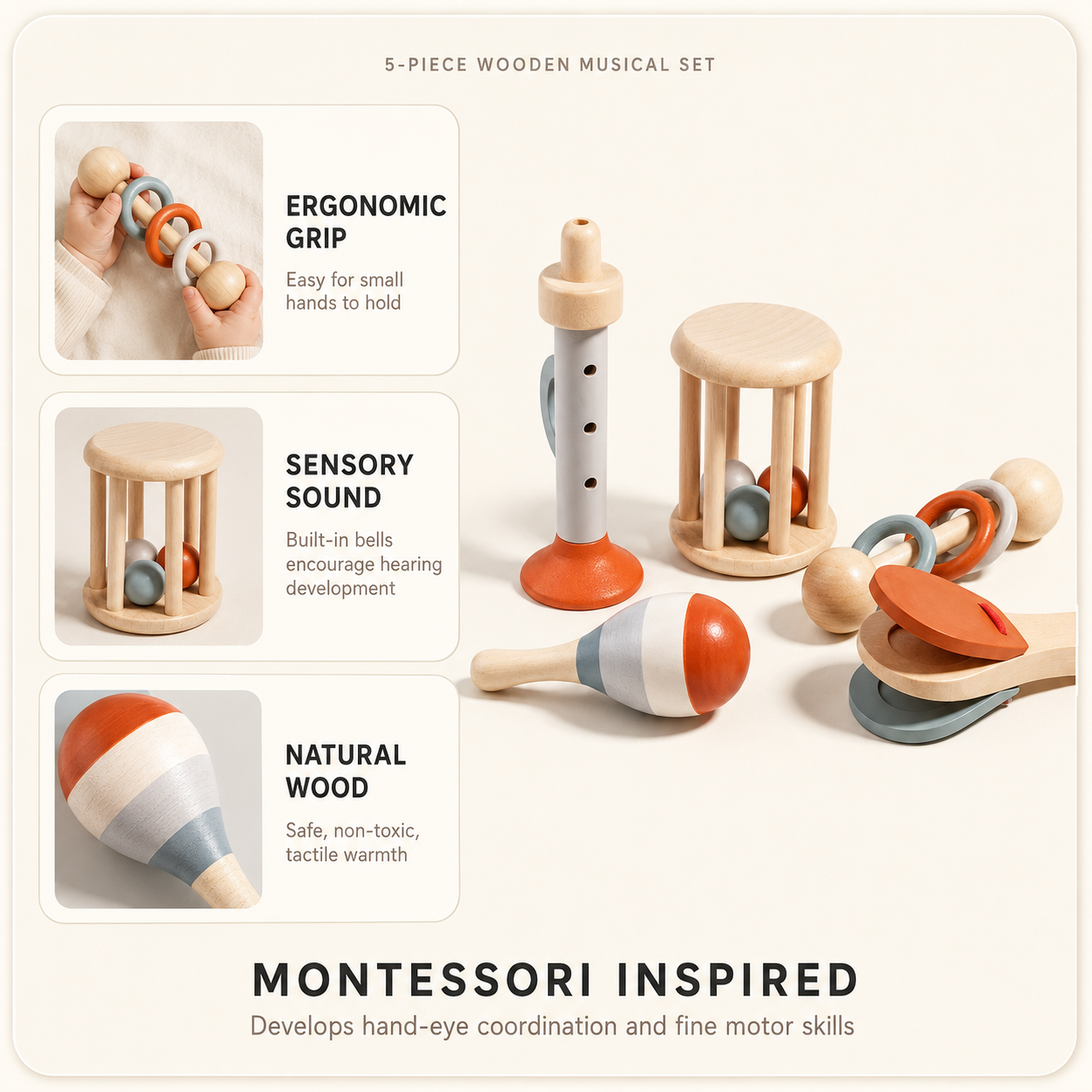 Baby Musical Instruments Set – 5 Piece Wooden Sensory Toys for Toddlers