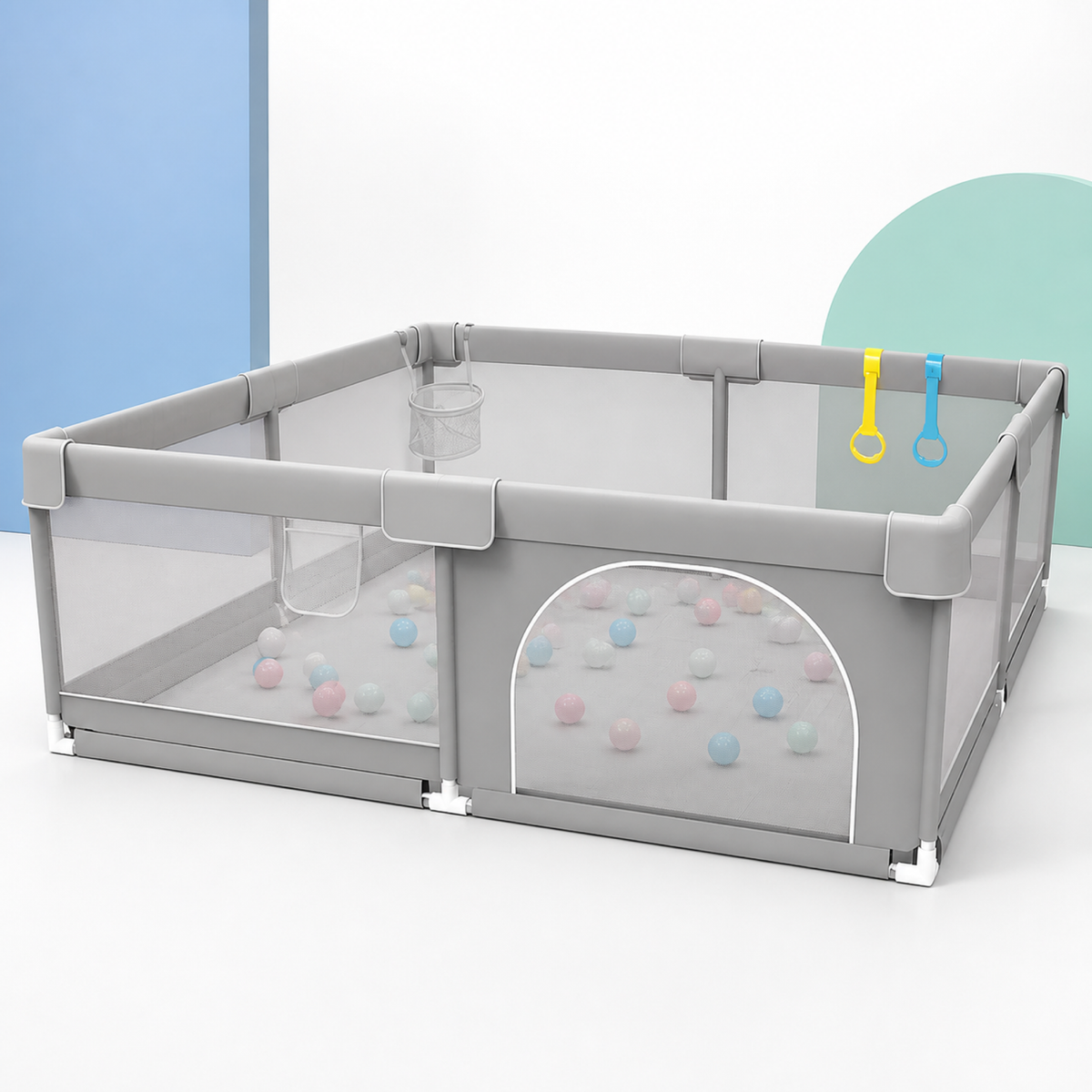 Baby Playpen – Light Gray Fabric Safety Barrier with Mesh Sides, Pull Rings and Spacious Play Area