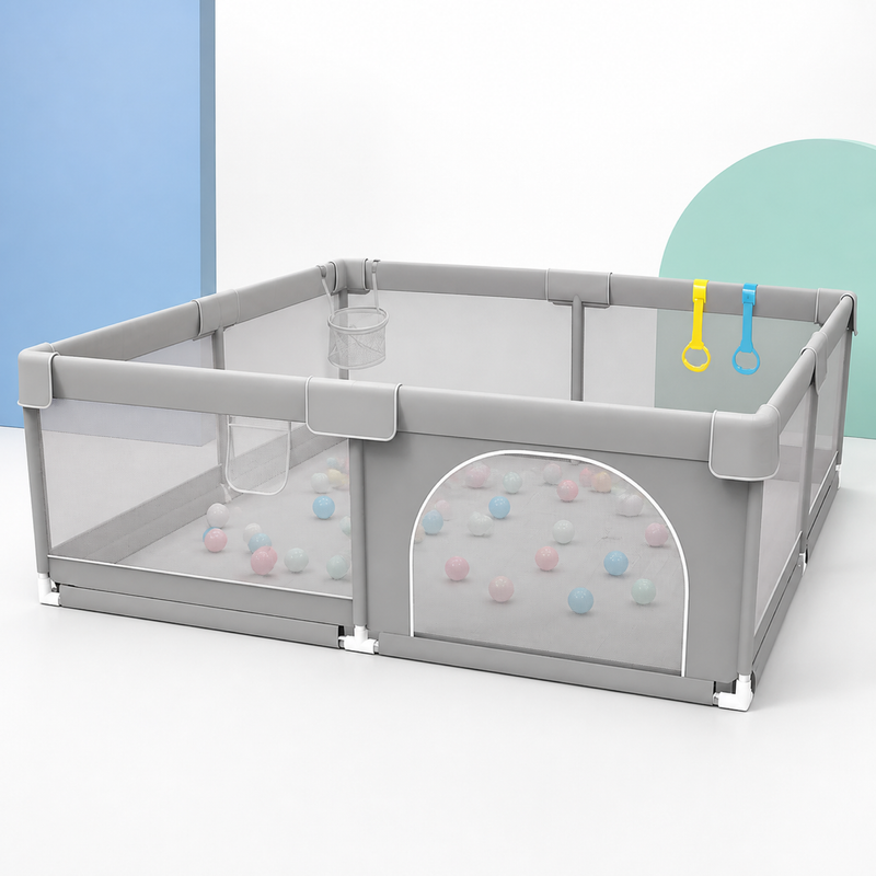 Baby Playpen – Light Gray Fabric Safety Barrier with Mesh Sides, Pull Rings and Spacious Play Area