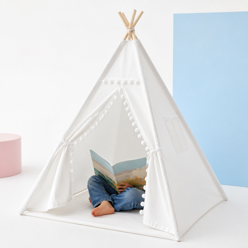 Kids Teepee Tent – White Cloth Playhouse with Closing Curtains for Indoor and Outdoor Imaginative Play