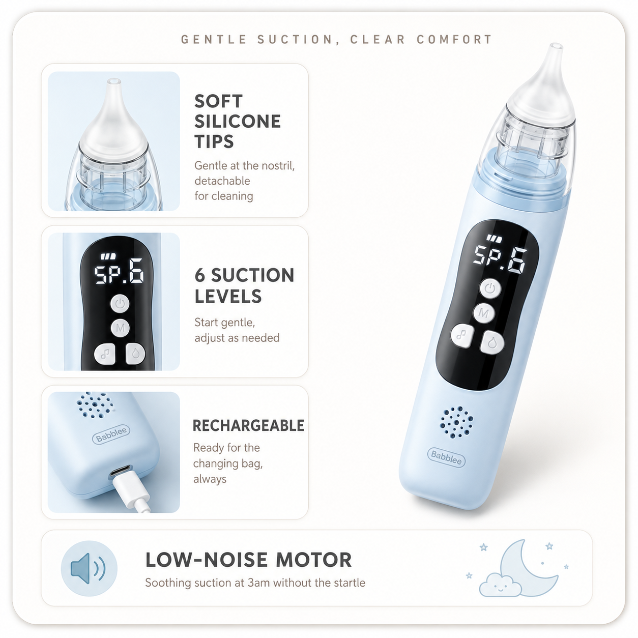 Electric Nasal Aspirator, Rechargeable Baby Nose Cleaner with Soft Silicone Tips