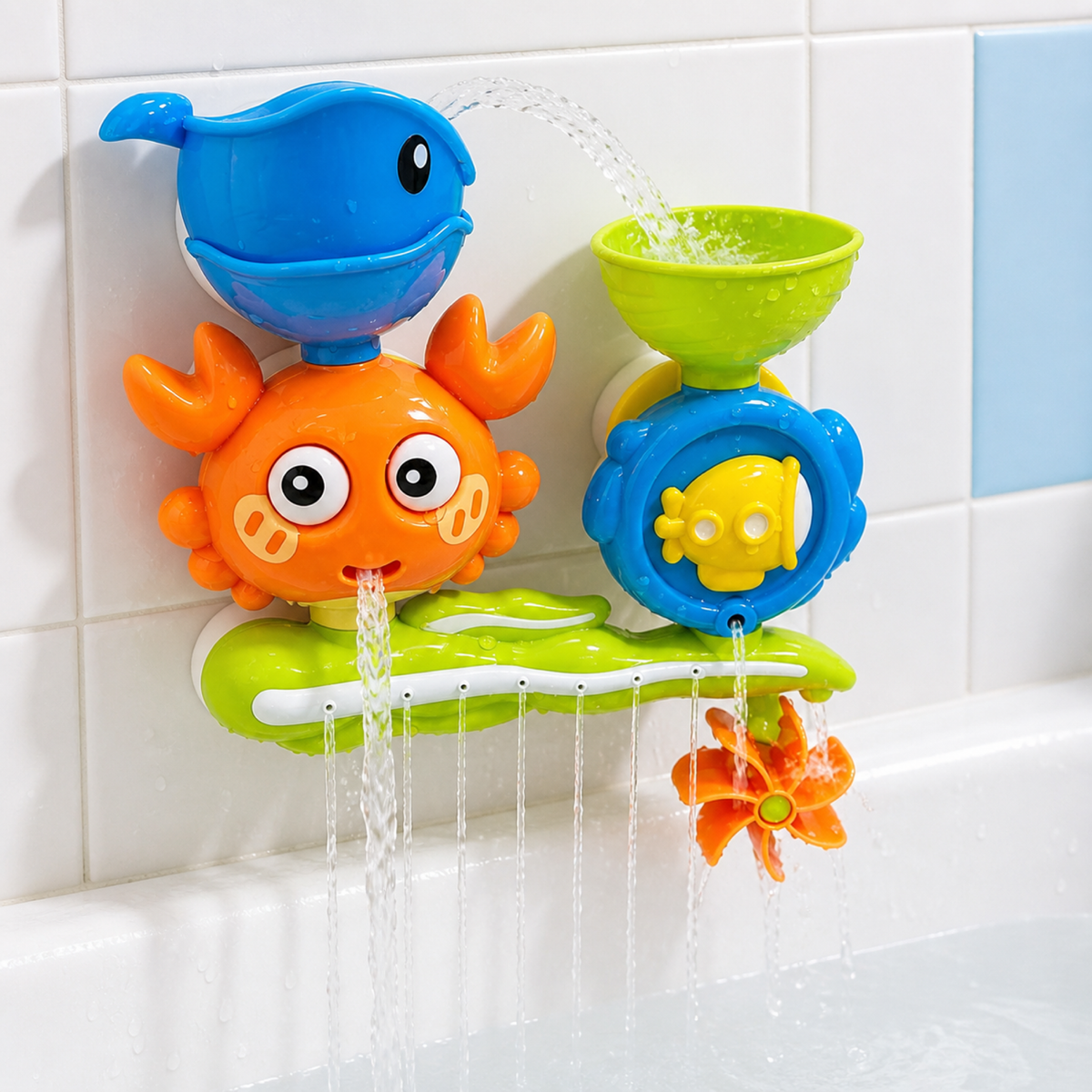 Bath Water Toy – Suction Wall Spinning Play Set with Crab, Whale & Fish for Tub Time