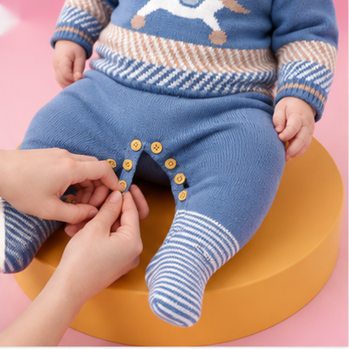 Baby Knit Romper – Blue Long Sleeve Acrylic One Piece with Horse Motif for Newborn Boys Spring Autumn Outfit