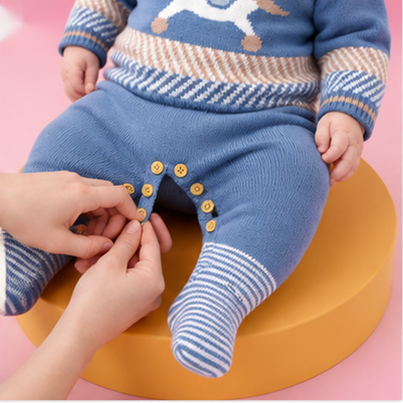 Baby Knit Romper – Blue Long Sleeve Acrylic One Piece with Horse Motif for Newborn Boys Spring Autumn Outfit