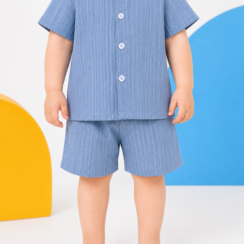 Baby Boy Shorts Set – Blue Jacquard Shirt, Short Sleeves, Turn Down Collar, Casual Summer Outfit