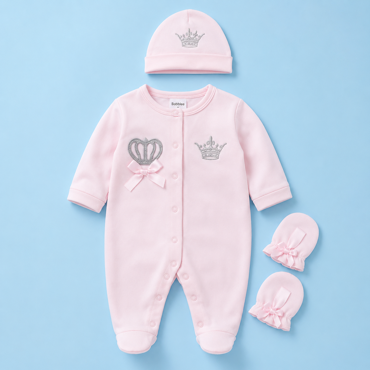 Newborn Cotton Romper Set – Crown Footed Onesie with Cap & Mittens, 0-9M