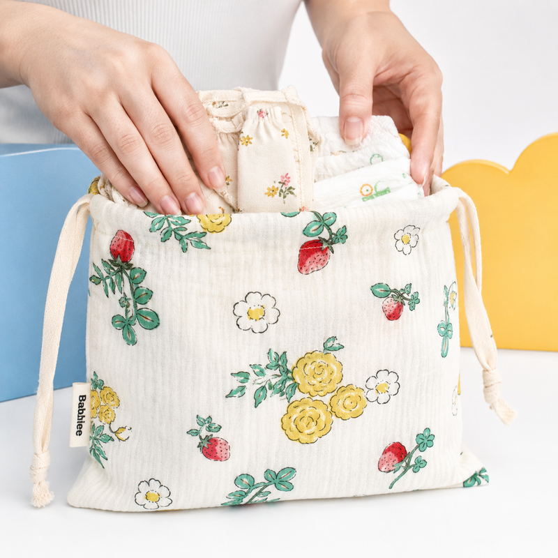 Floral Diaper Storage Bag – Drawstring Fabric Nappy Pouch for Stroller Travel and Baby Essentials