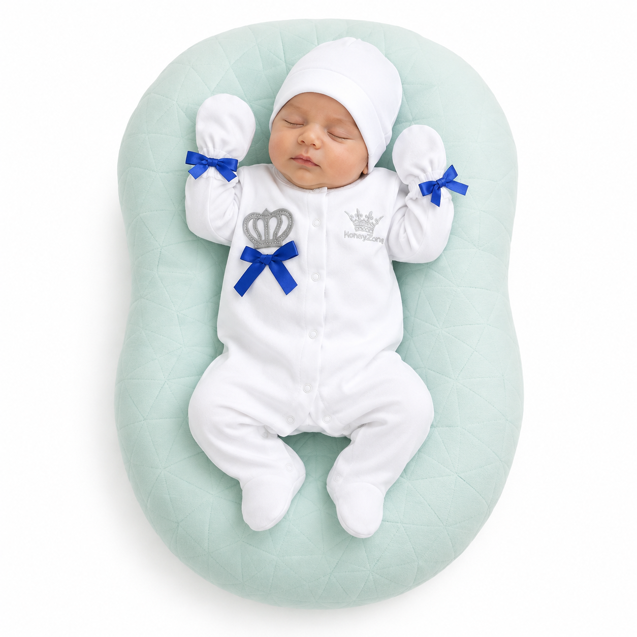 Newborn Cotton Romper Set – Crown Footed Onesie with Cap & Mittens, 0-9M