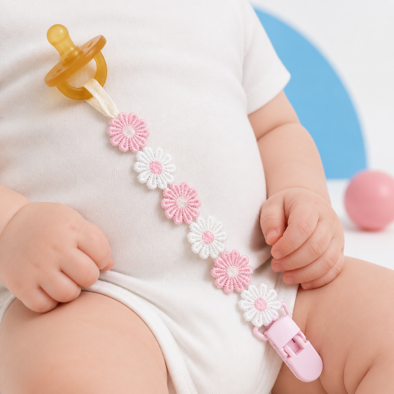Daisy Pacifier Clip – Floral Pacifier Chain with Loop Strap, Baby Accessory and Shower Gift