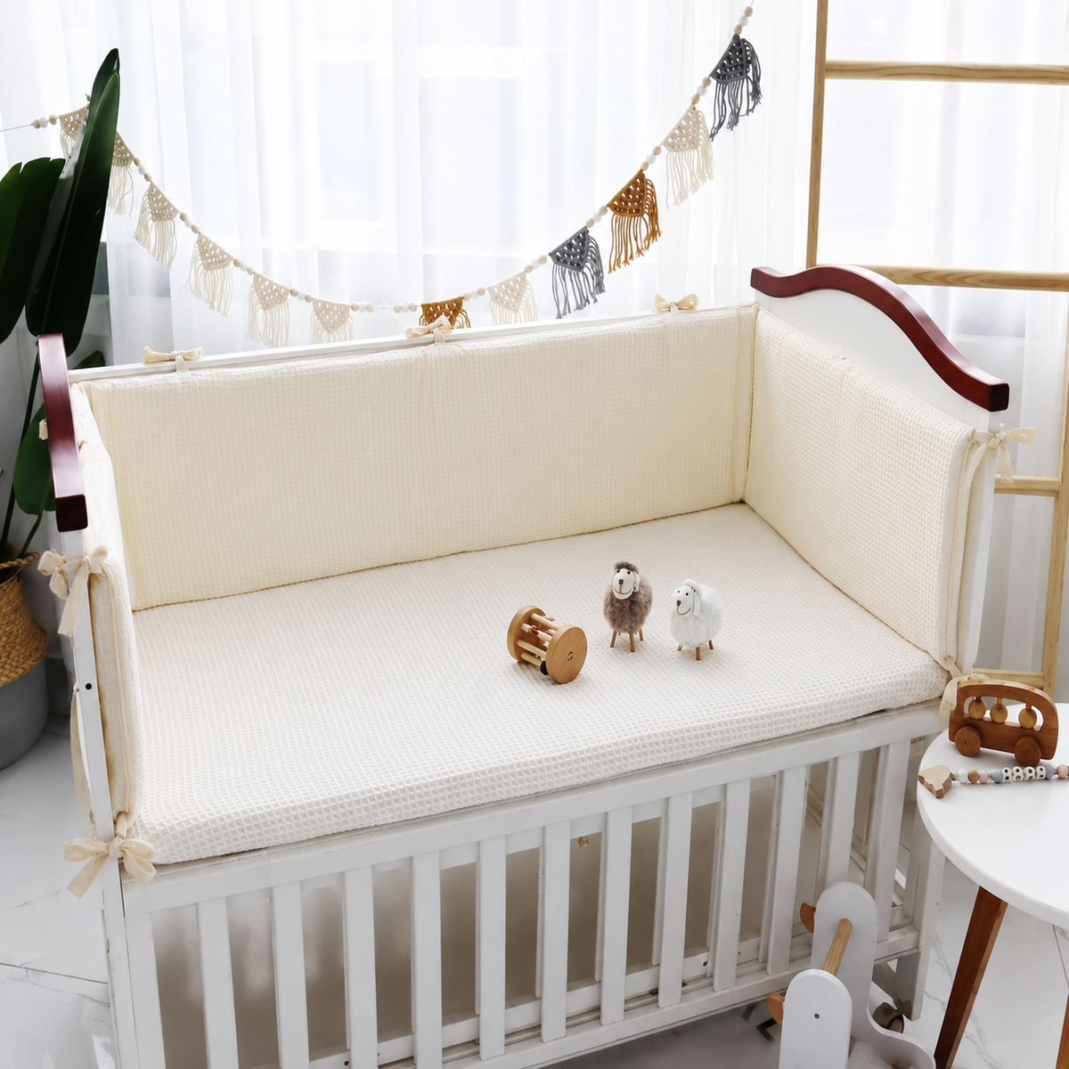 Waffle Cotton Crib Bumper – Removable Washable Baby Bed Rail Guard, Soft Padded Nursery Bedding
