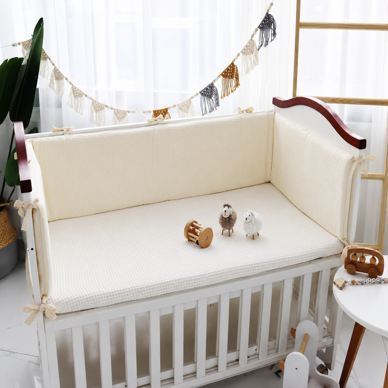 Waffle Cotton Crib Bumper – Removable Washable Baby Bed Rail Guard, Soft Padded Nursery Bedding