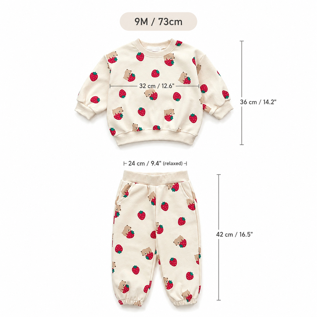Baby Strawberry Tracksuit – Cotton Pullover & Joggers Set, Loose Fit Toddler Outfit