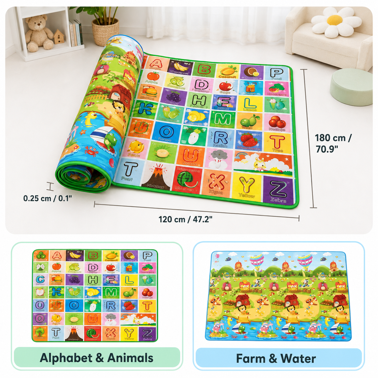 Educational Baby Play Mat – Reversible Foam Crawling Carpet, Large Kids Activity Floor Gym Rug