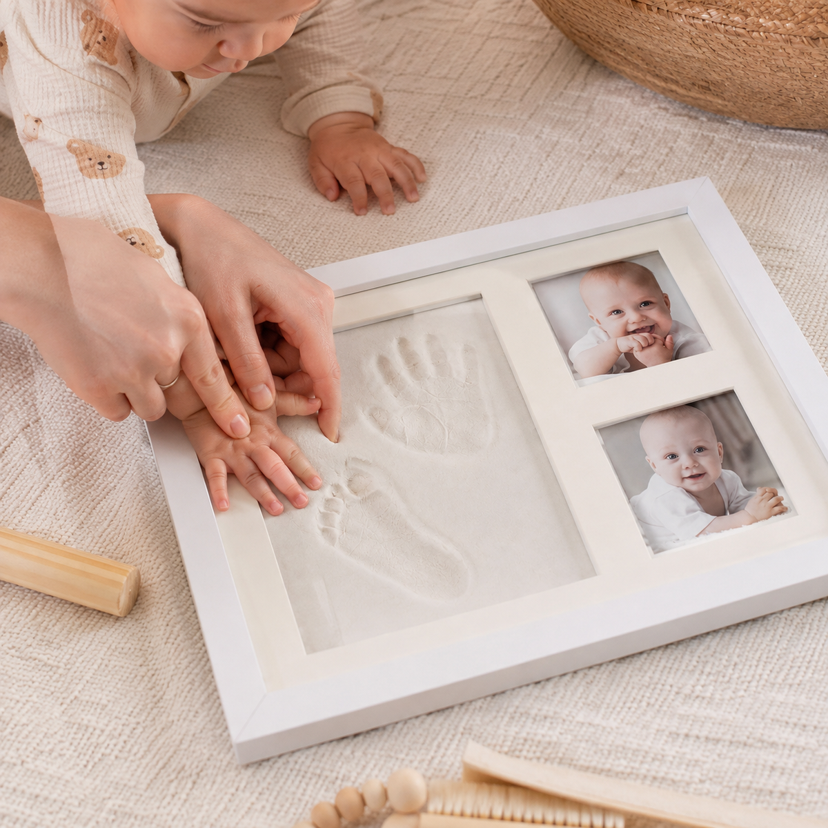 Baby Handprint Footprint Frame Kit – Clay Casting with Photo Slots, Nursery Keepsake Gift