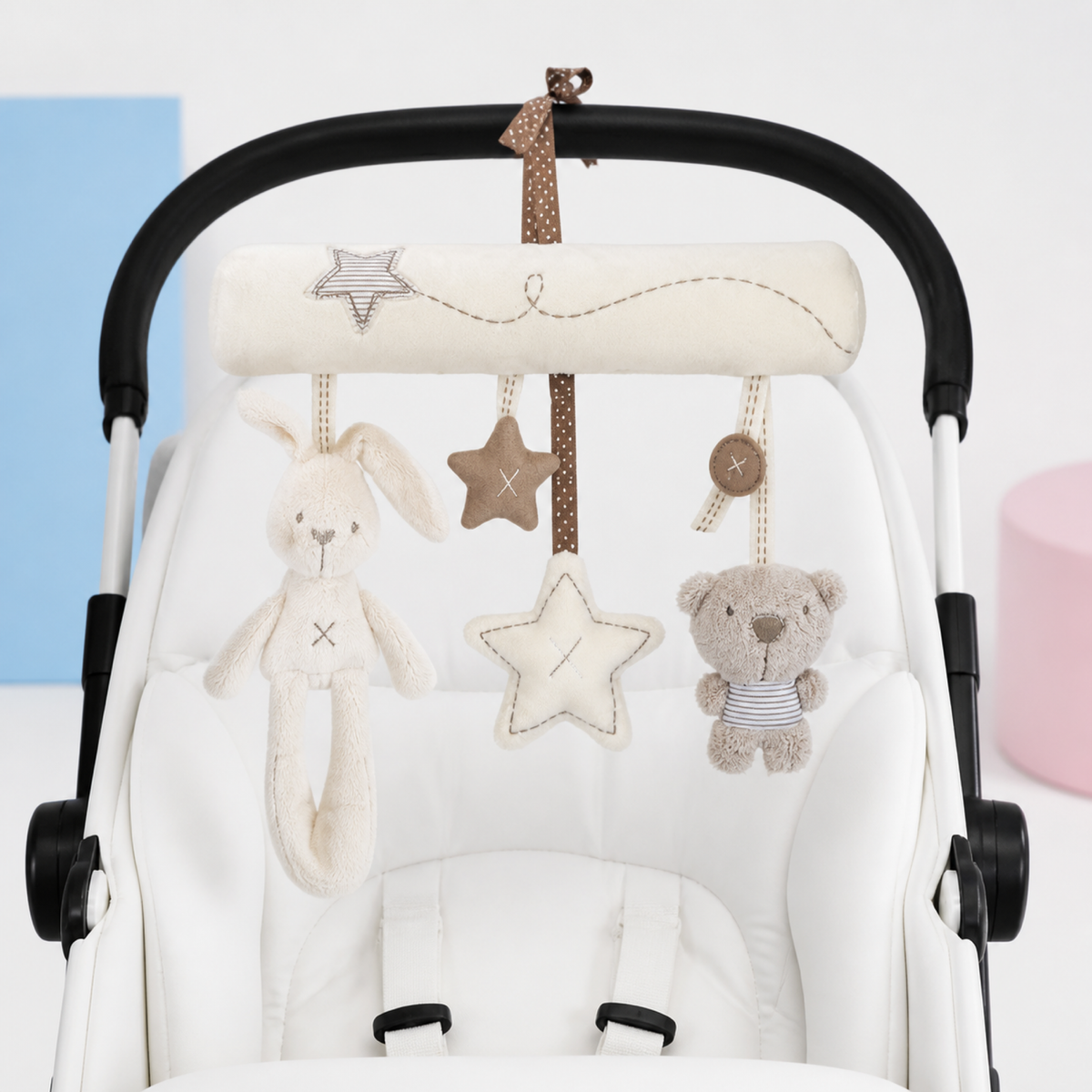 Plush Baby Stroller Mobile – Musical Rabbit and Star Hanging Toy for Car Seat, Cot and Pram