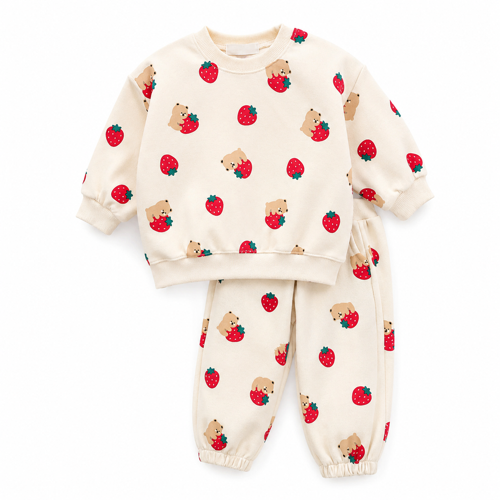 Baby Strawberry Tracksuit – Cotton Pullover & Joggers Set, Loose Fit Toddler Outfit