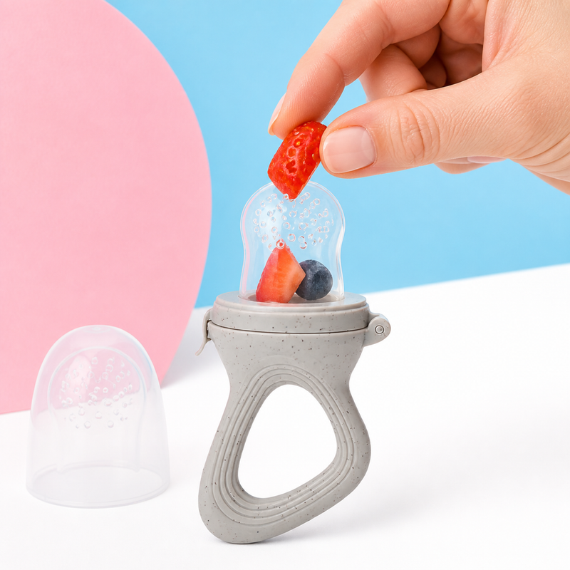 Silicone Baby Fruit Feeder – Covered Chew Bag Handle for Self Feeding and Chilled Teething Snacks