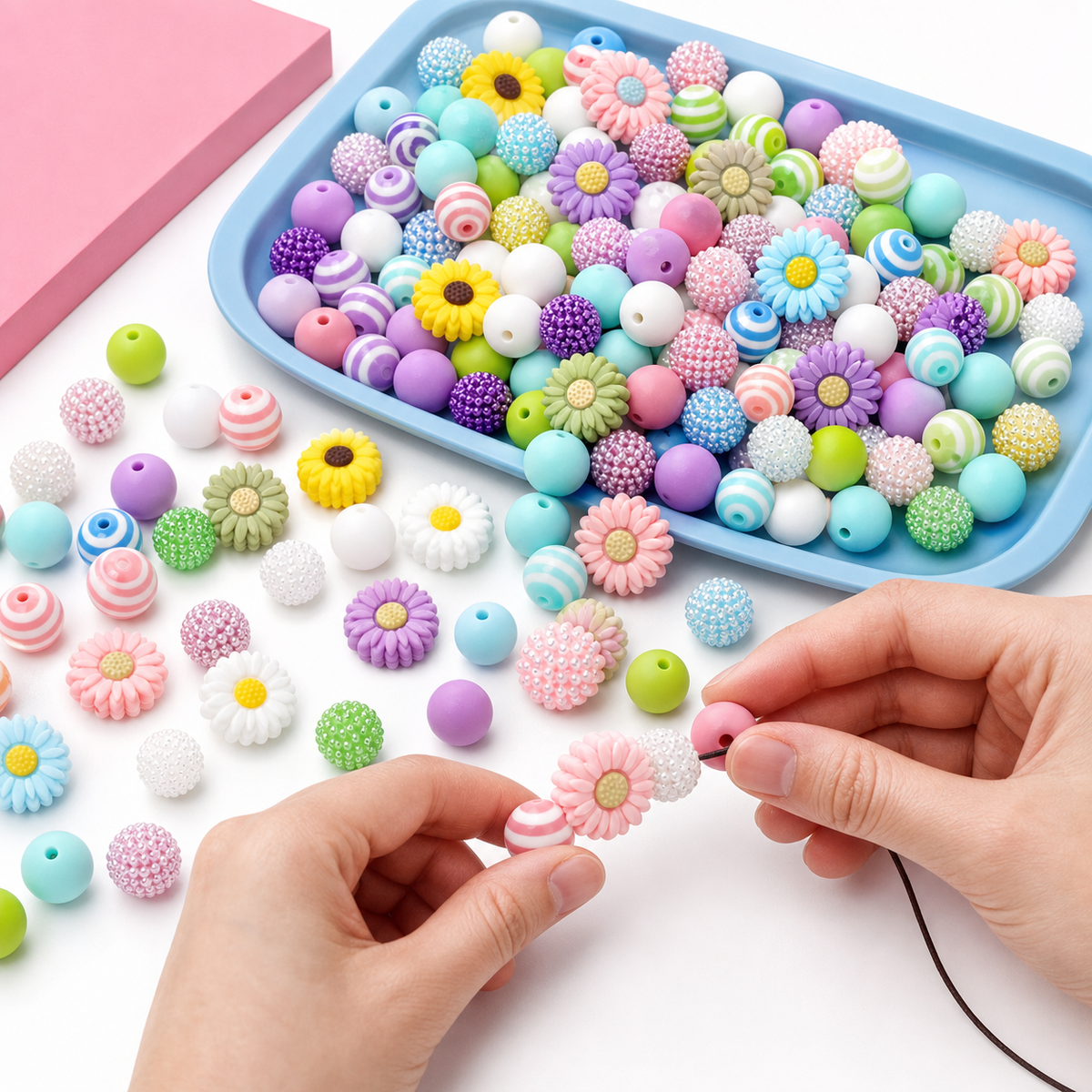 76 Piece Bead Set – 12mm Silicone and Acrylic Round Beads, Daisy Focals for DIY Pacifier Chains