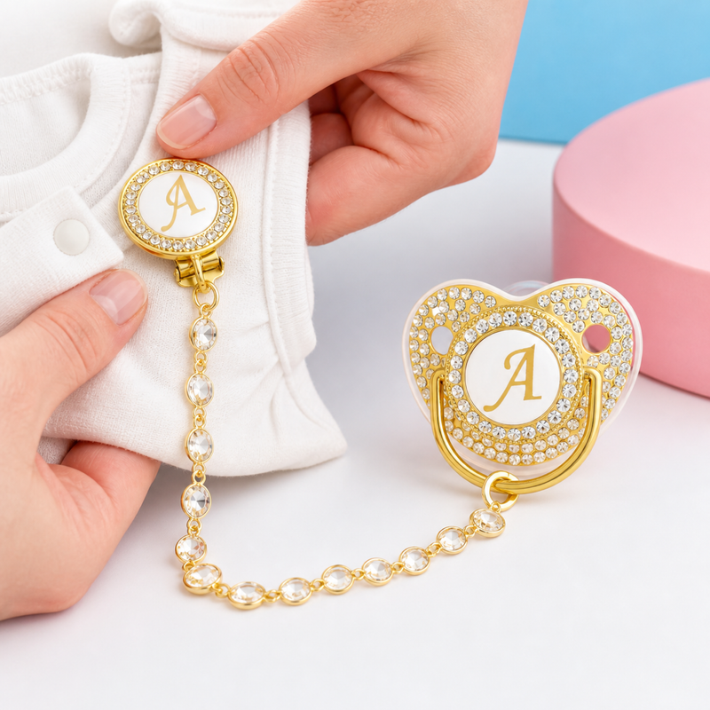 Initial Baby Pacifier and Chain Clip – Gold Tone Rhinestone Design, Personalized Newborn Baby Gift