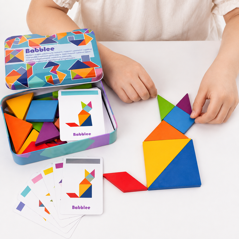 Wooden Tangram Puzzle Set – Montessori Shape Game with Pattern Cards for Preschool Learning