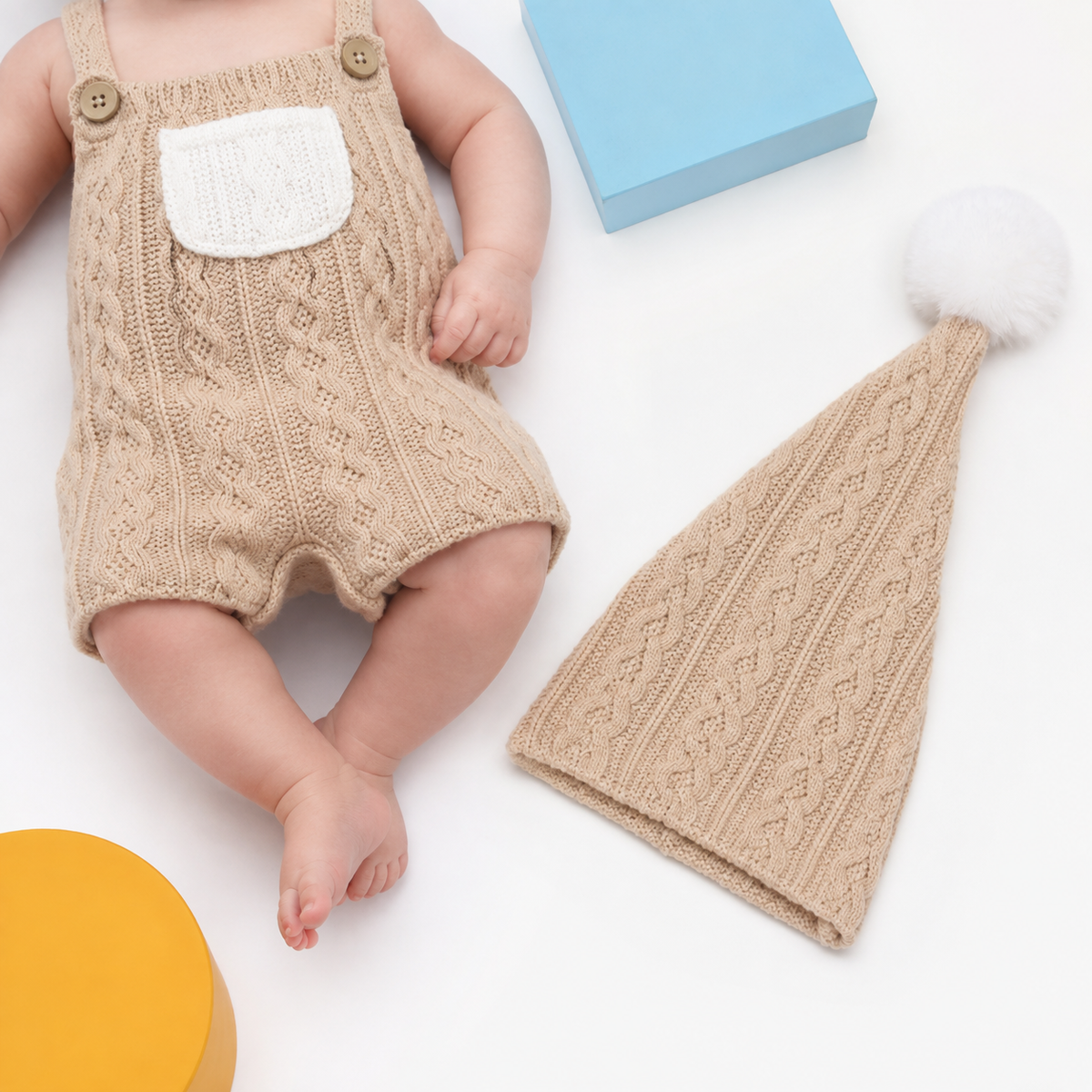 Newborn Photo Prop Outfit – Cotton Romper and Pom Pom Hat Set for Baby Portraits and Studio Shoots
