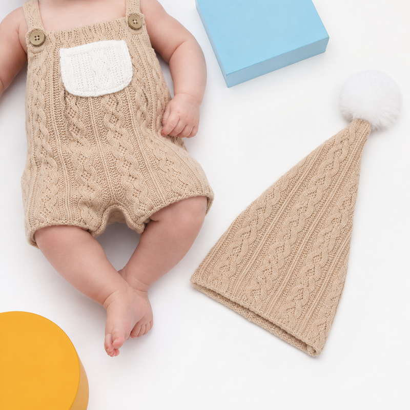 Newborn Photo Prop Outfit – Cotton Romper and Pom Pom Hat Set for Baby Portraits and Studio Shoots